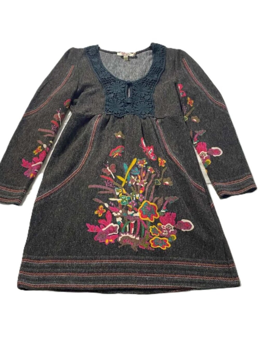 Aryeh Sweater Dress Women's M Brown Floral Embroidered Boho Long Sleeve Knit